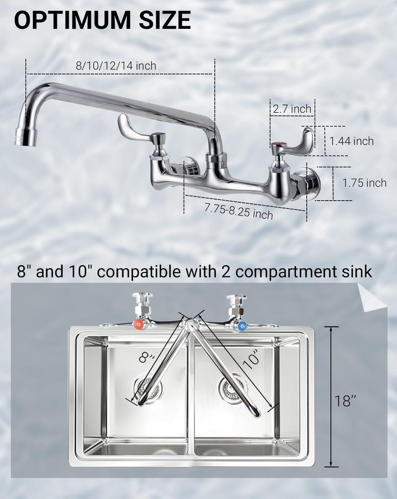 Phivan 8" Center Wall Mount Commercial Sink Faucet - 8 Inch Swivel Spout with Wrist Blade Handle, Chrome Brass Construction for Restaurant/Laundry/Utility Room/Industrial Compartment Kitchen Sinks - Image 2
